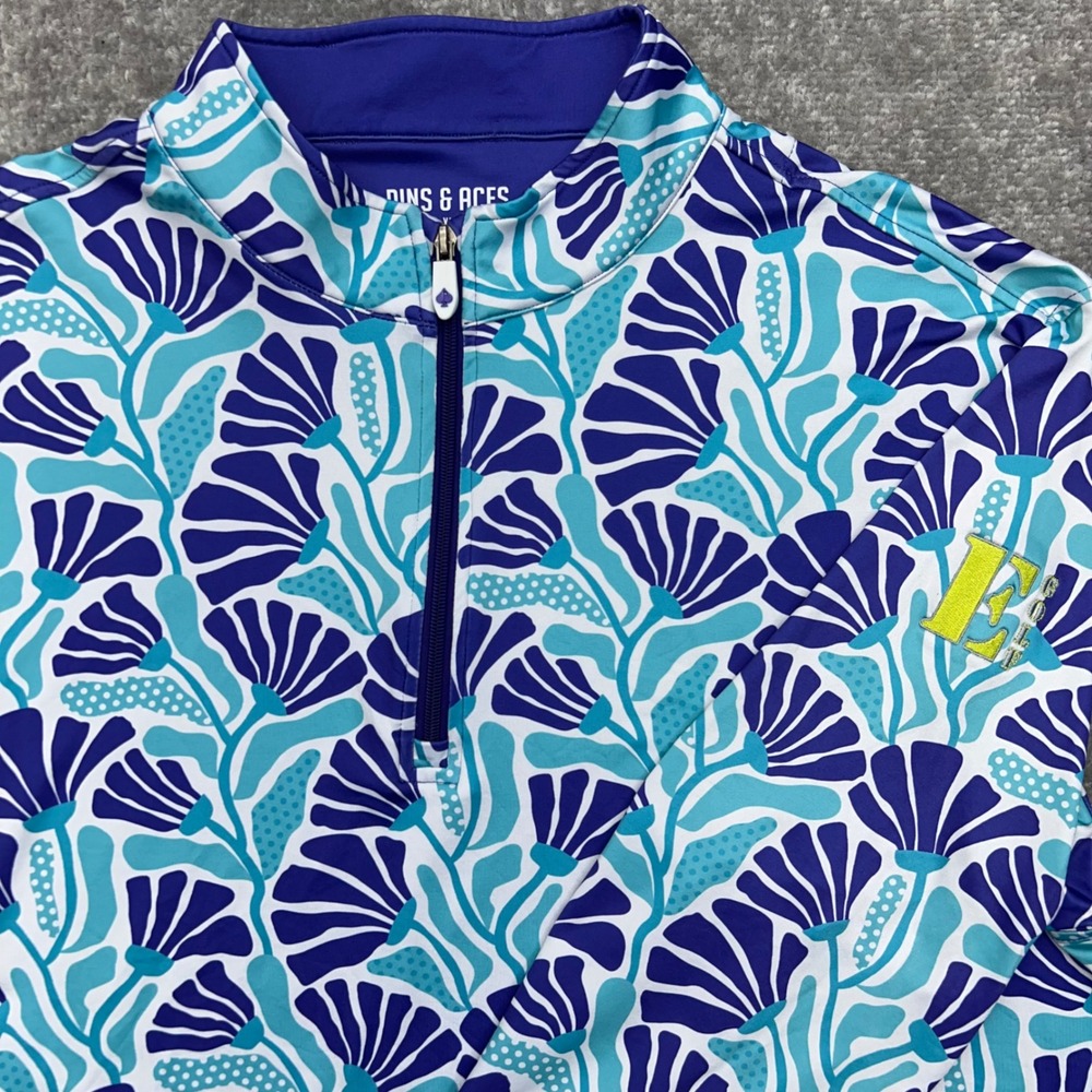 Pins & Aces 1/4 Zip Pullover Men XL Performance Stretch Golf Fan Print Blue Logo